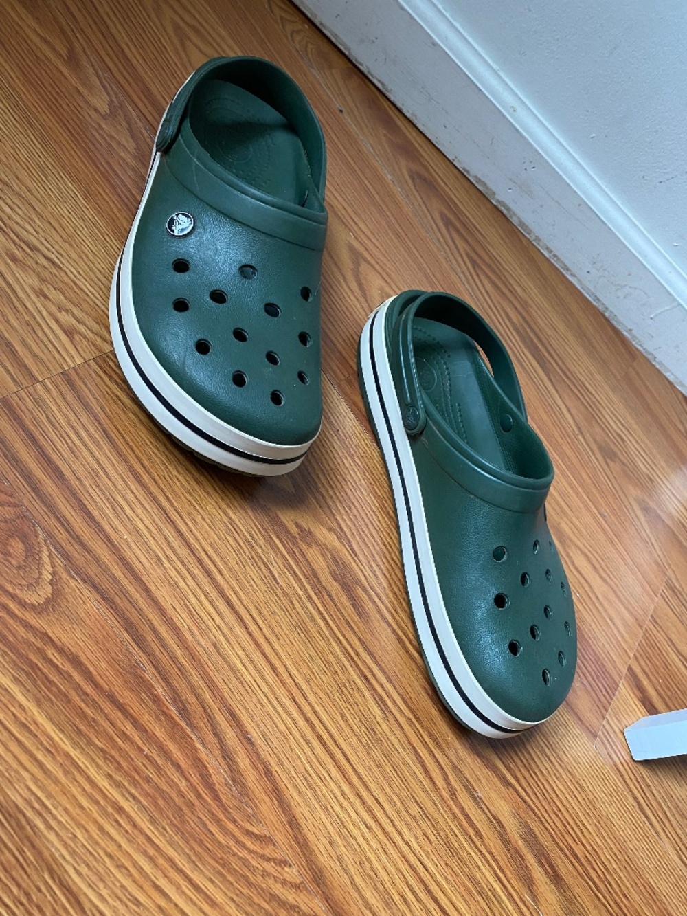 Green and white stripe Crocs